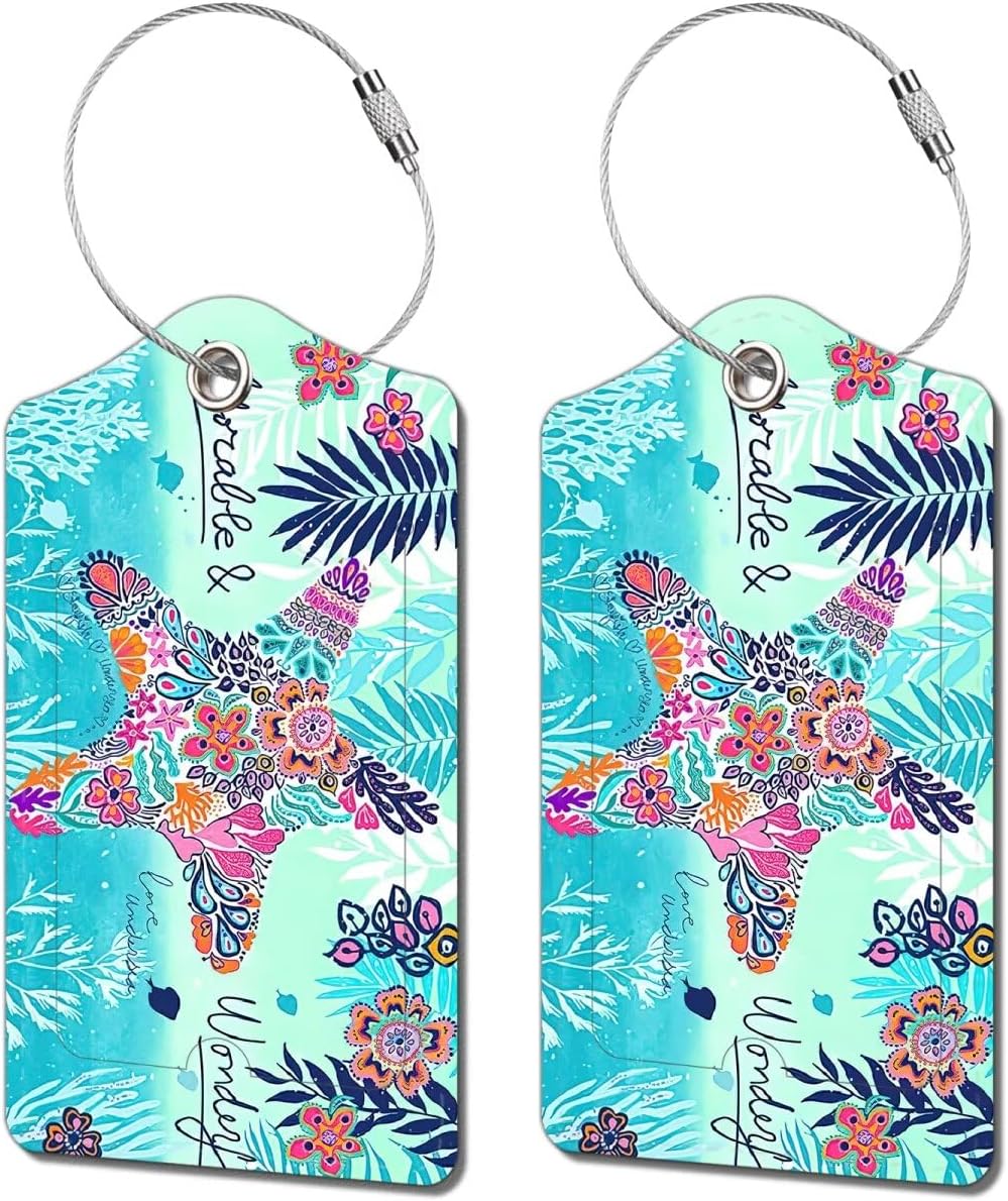 2 Pack Luggage Tag for Suitcase, Cute Unique Leather Bag Tags Identifiers Privacy Cover ID Label with Durable Steel Loop for Women Men Kids Girls Travel, sea Star