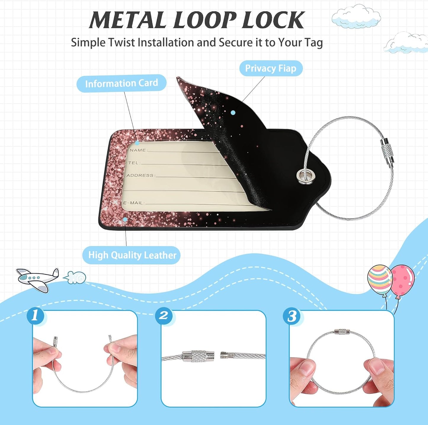 3 Pack Luggage Tag for Suitcase,Rose Golden Glitter Leather Luggage Tags with Privacy Cover Name ID Label Identifiers Travel Bag Tags for Women Men Boys Girls