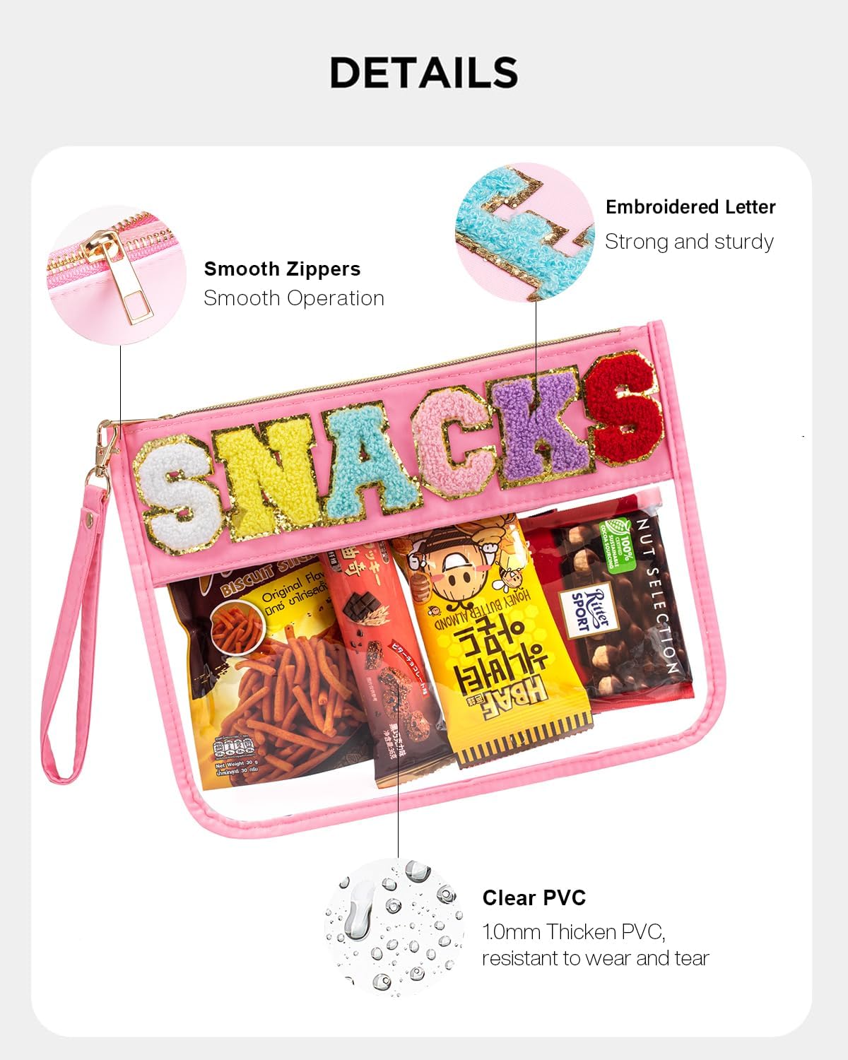 Snack Bag Clear Makeup Bag, Chenille Letter Clear Zipper Pouch Nylon Cosmetic Pouch Organizer Sunscreen Toiletry Bag Waterproof Summer Beach Organizer Travel Gifts for Women Girls