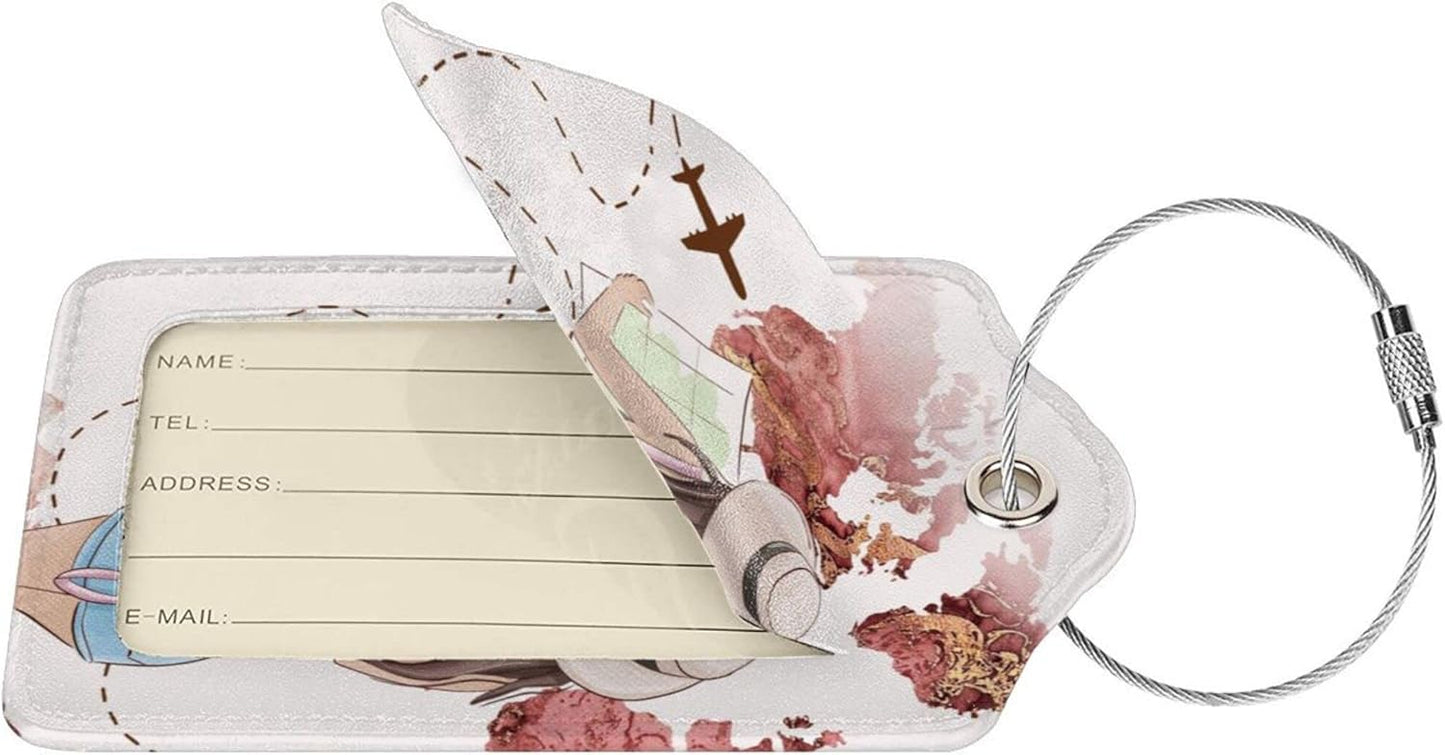 2 Pack Luggage Tags for Suitcase,Travel Girl PU Leather Travel Luggage Tag with Privacy Flap, Name ID Label and Metal Loop for Women Men Suitcase Baggage Bag Backpack