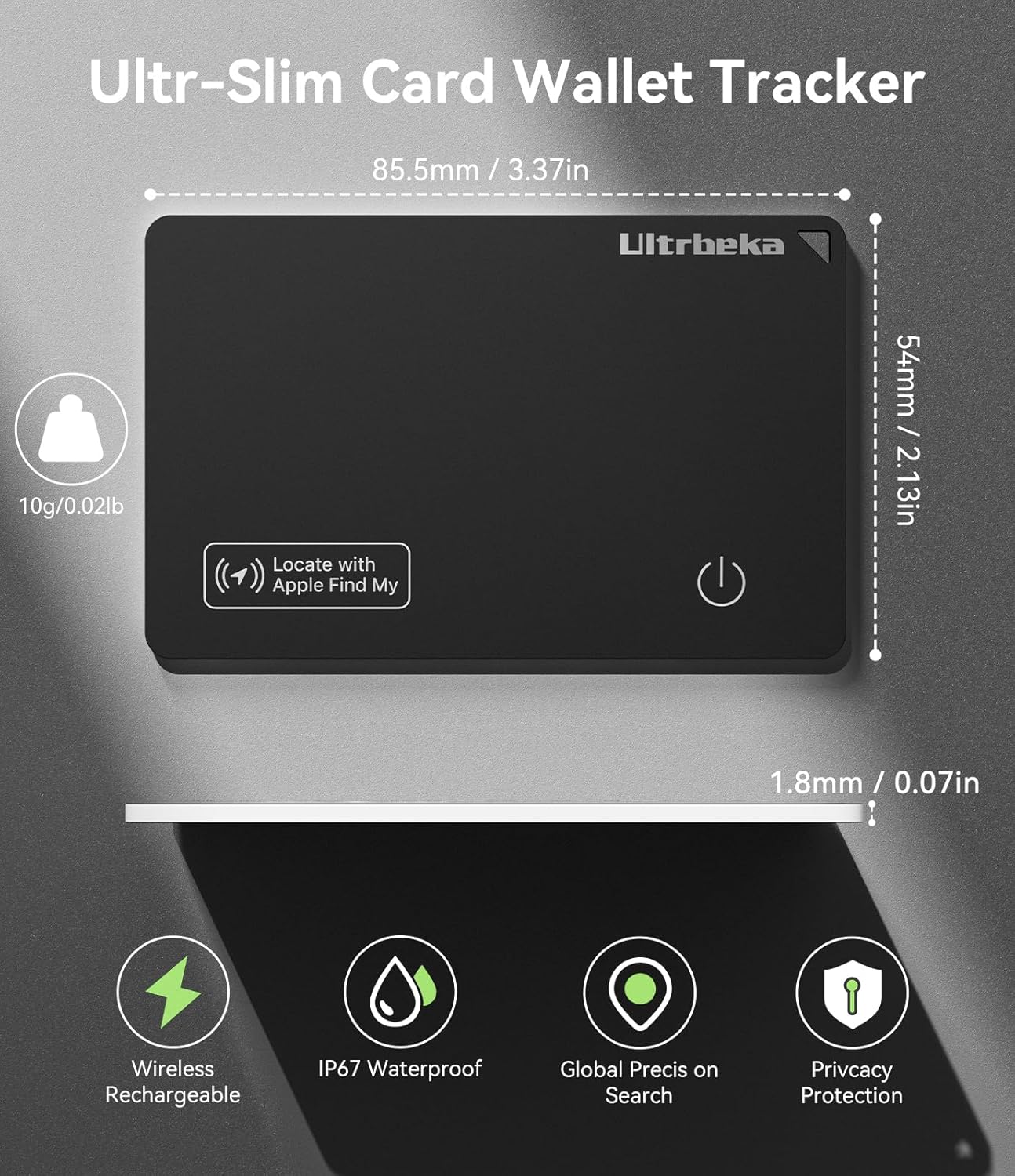 Ultra-Thin Air Tag Wallet Tracker Card 0.07in IP68 Waterproof Bluetooth Tracker for Wallets, Passport, Work with Apple Find My, Wireless Charging, Anti-Loss Card Locator [Apple MFi Certified] iOS Only