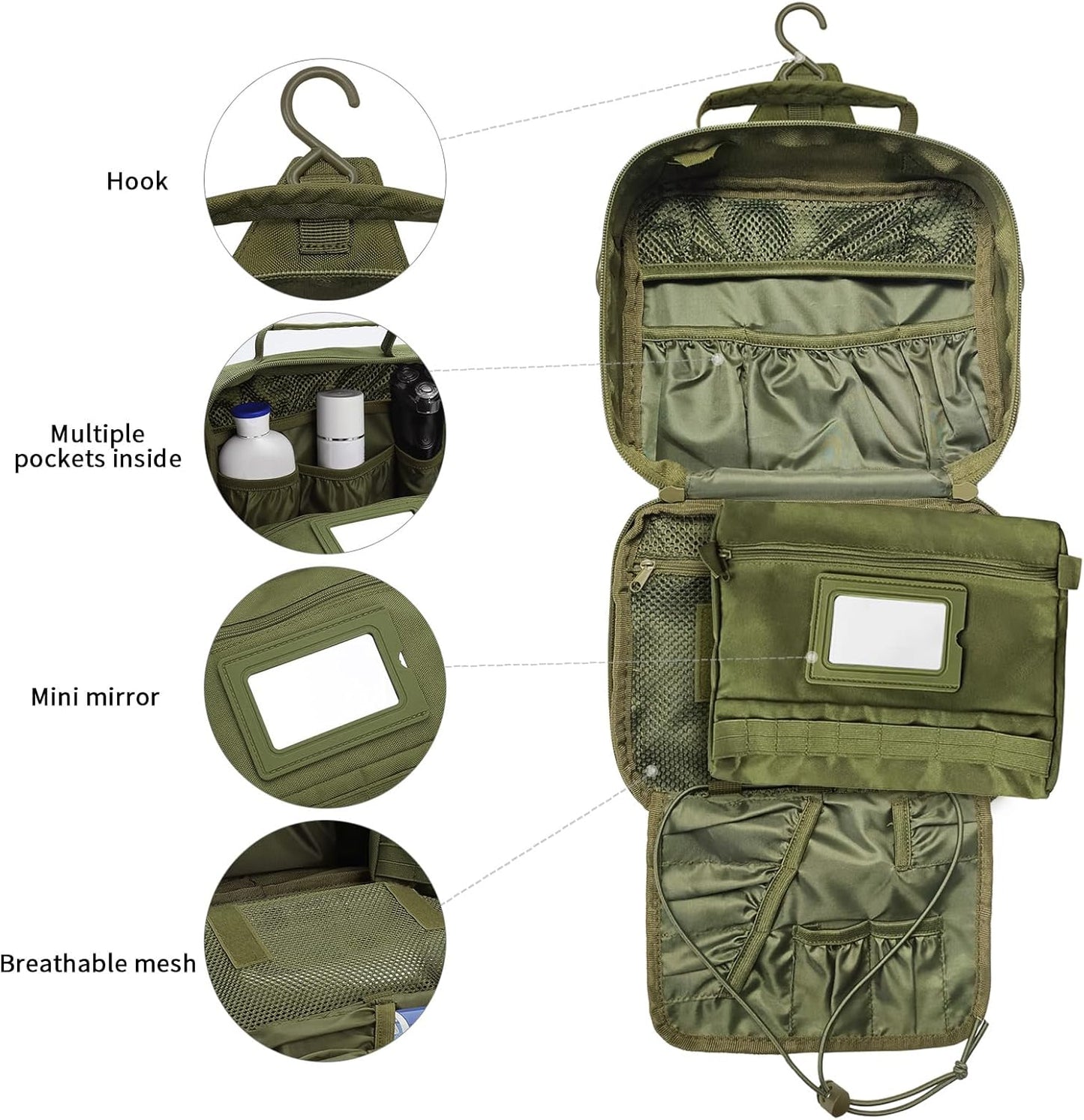 Travel Toiletry Bag for Men, Hanging Toiletry Bag, Portable Organizer Dopp Kit Shaving Bag for Toiletries Tactical Accessories Essentials - Army Green