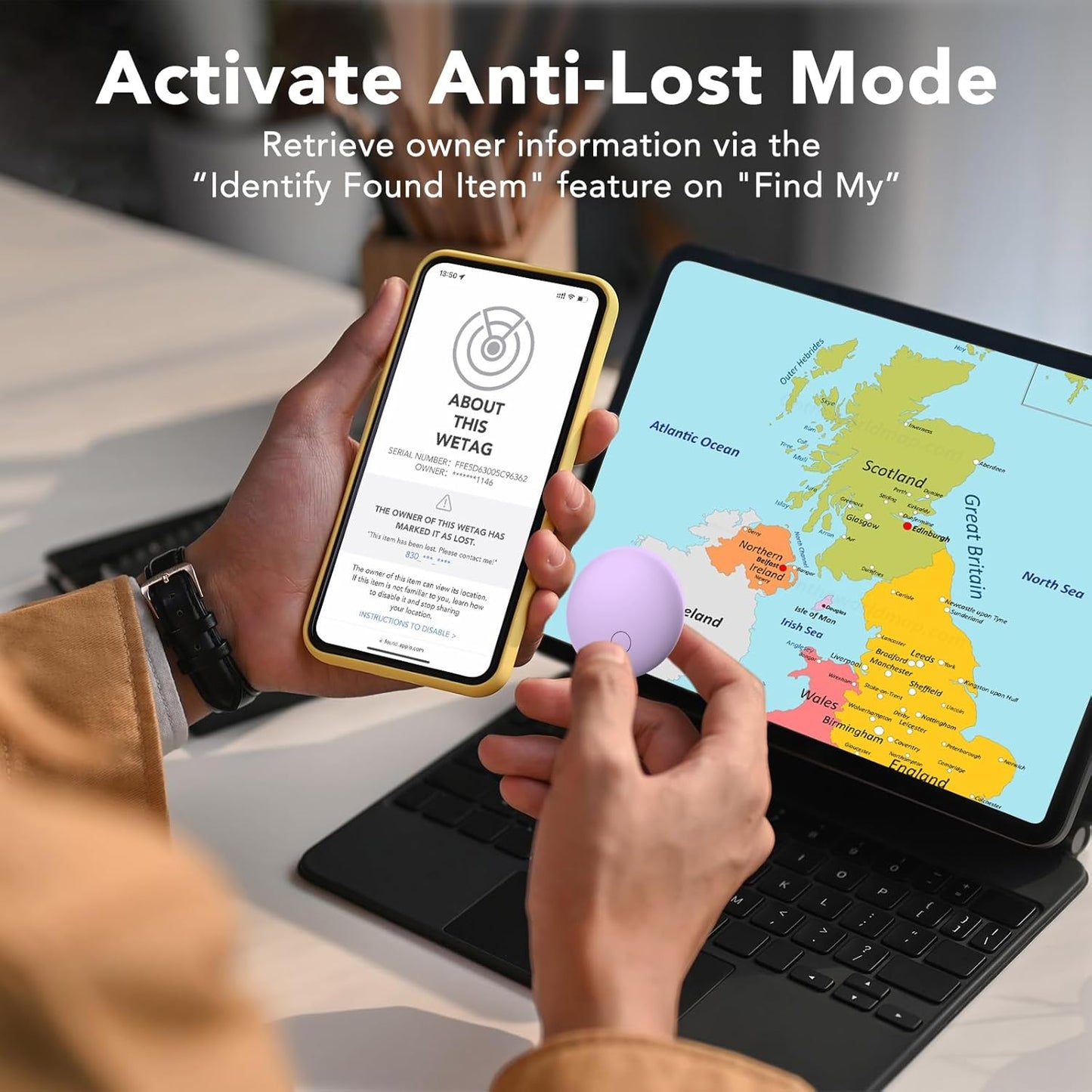 Air Tracker Tags 2-Pack, Item Finders Work for Apple Find My APP(iOS Only) Tracker Tags for Keys, Luggage, Backpack etc,Replaceable Battery, IP67 Waterproof with Holder Keychain, Pink and Light Purple