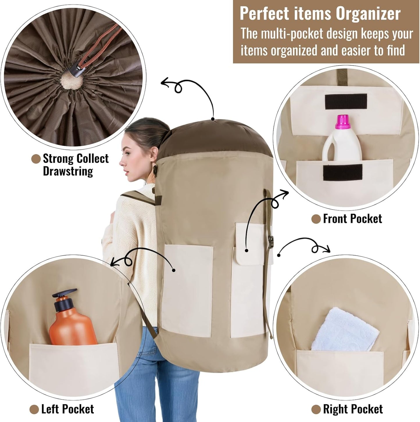 Laundry Bag Backpack, 125L Extra Large Travel with Shoulder Straps, Adjustable & Extendable Design, Laundry Hamper Bag with 3 Pockets for Laundromat, College, Travel, Camping (Brown)