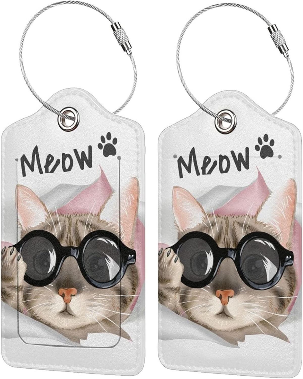 2 Pack Cute Cat Luggage Tags for Kids Girls Women Travel Funny Animal with Sunglasses Print on PU Leather Bag Tags Accessories Privacy Cover ID Label with Stainless Steel Loop for Backpack Suitcase