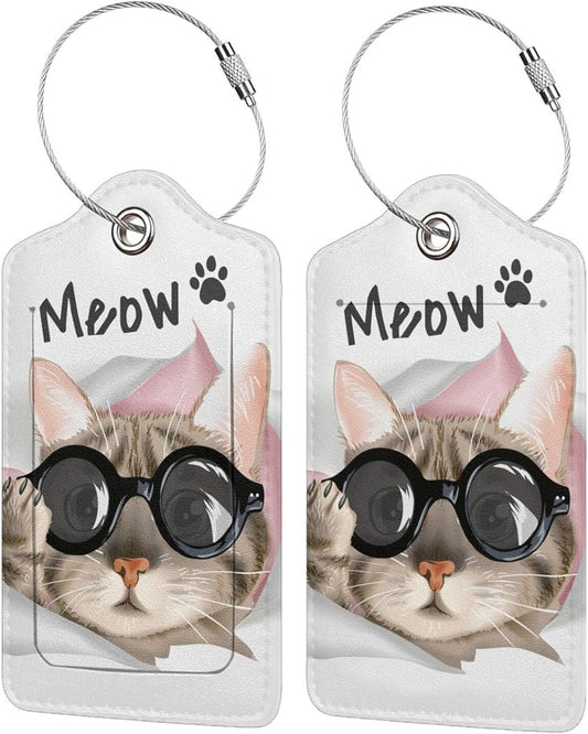 2 Pack Cute Cat Luggage Tags for Kids Girls Women Travel Funny Animal with Sunglasses Print on PU Leather Bag Tags Accessories Privacy Cover ID Label with Stainless Steel Loop for Backpack Suitcase