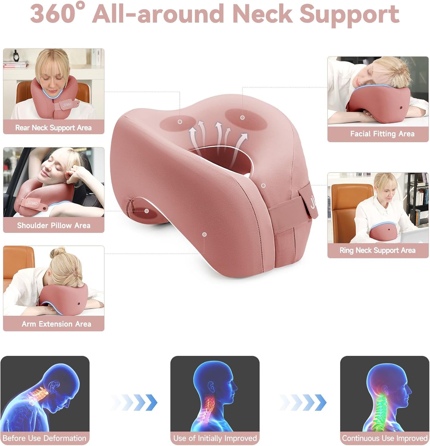 Neck Pillow Airplane, Advanced Neck Support for Long Flights, Ergonomic Memory Foam U Shape Pillows for Travel, Camping, Buses, Studying, Offices (Rose)