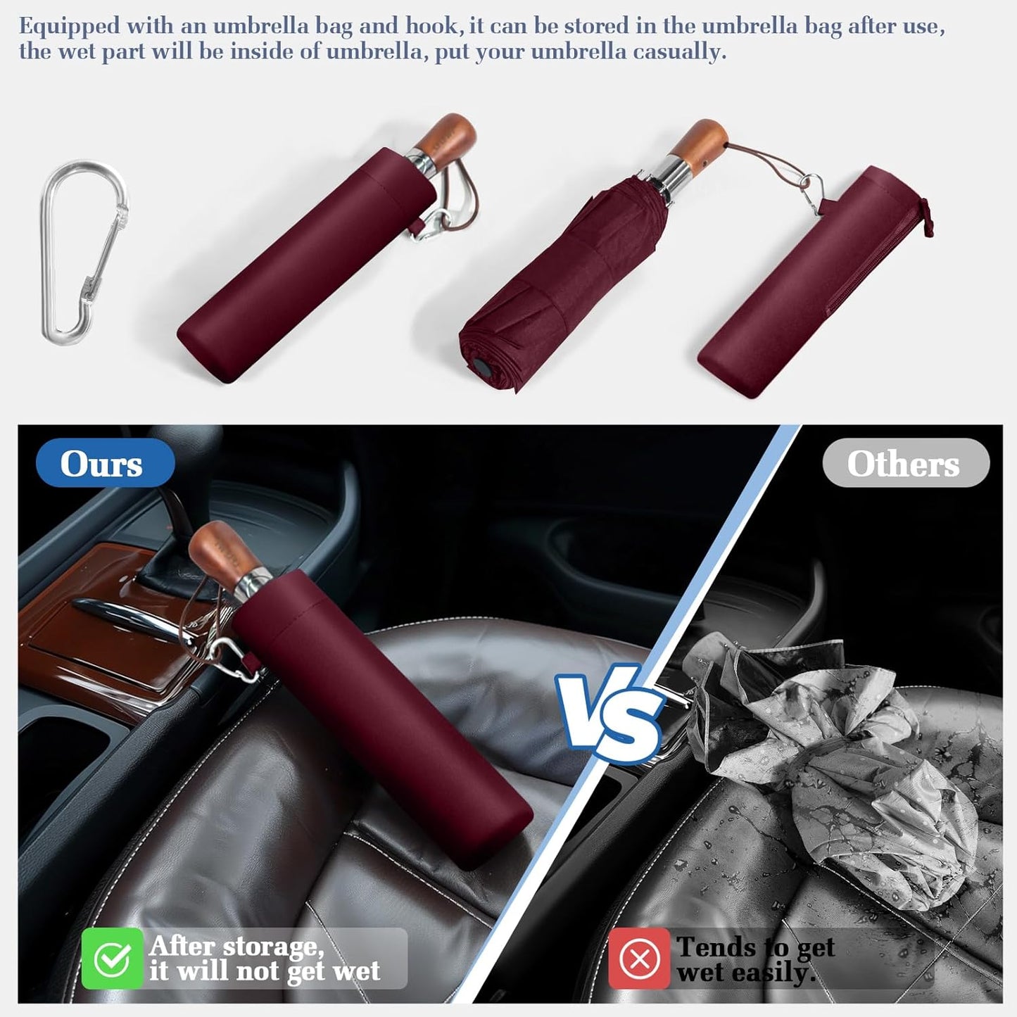 3T Wind Armor Travel Umbrella Compact Easy Auto Open Close Folding Umbrellas for Rain Windproof Umbrella for Women and Men Durable Real Wood Handle Portable Fits Backpack Car