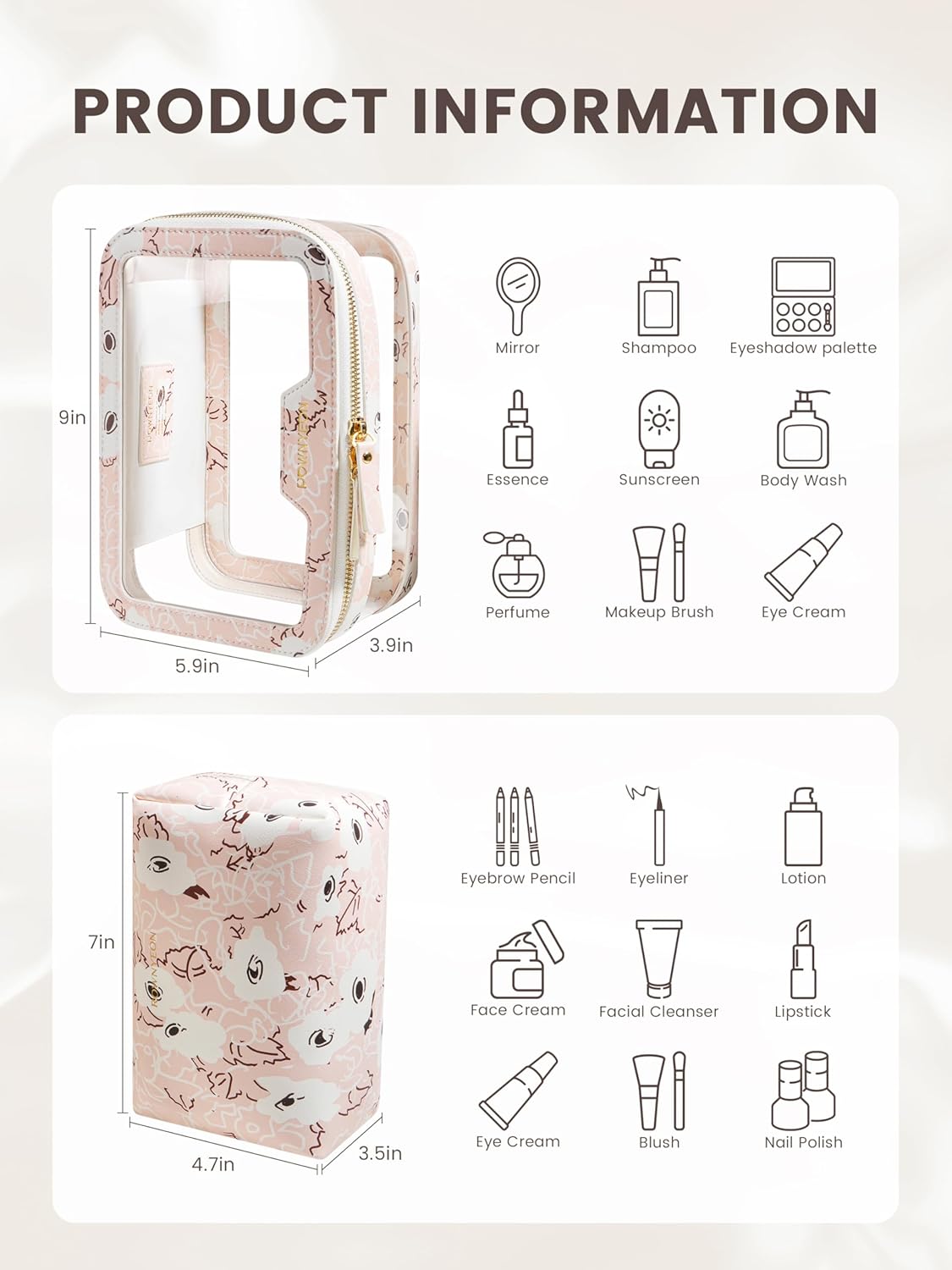 ROWNYEON Clear Makeup Case Toiletry Bag Multipurpose Travel Makeup Train Case Portable Cosmetic Organizer Transparent Storage Bag
