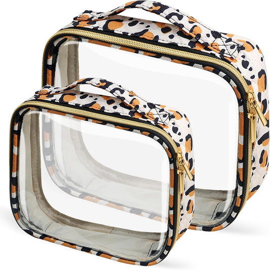 TSA Approved Travel Toiletry Bag,2 Pack Clear Makeup Bags with Handles,Quart Size Clear Cosmetic Bags for Traveling Women,Men,Carry on Airport Airline Compliant Bag,Leopard