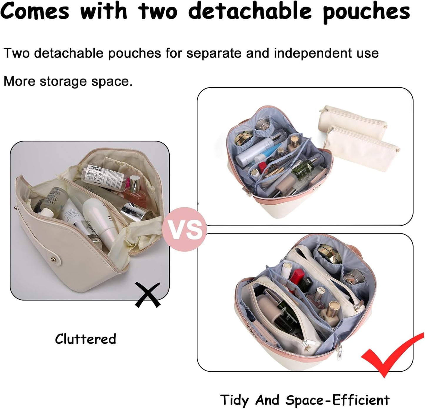 BOYATU Travel Makeup Bag Organizer Cosmetic Bag: 3 Pcs Set Make up Bags for Women with Handle - Waterproof Vegan Leather Toiletry Bags with Comparments (D-02-White)