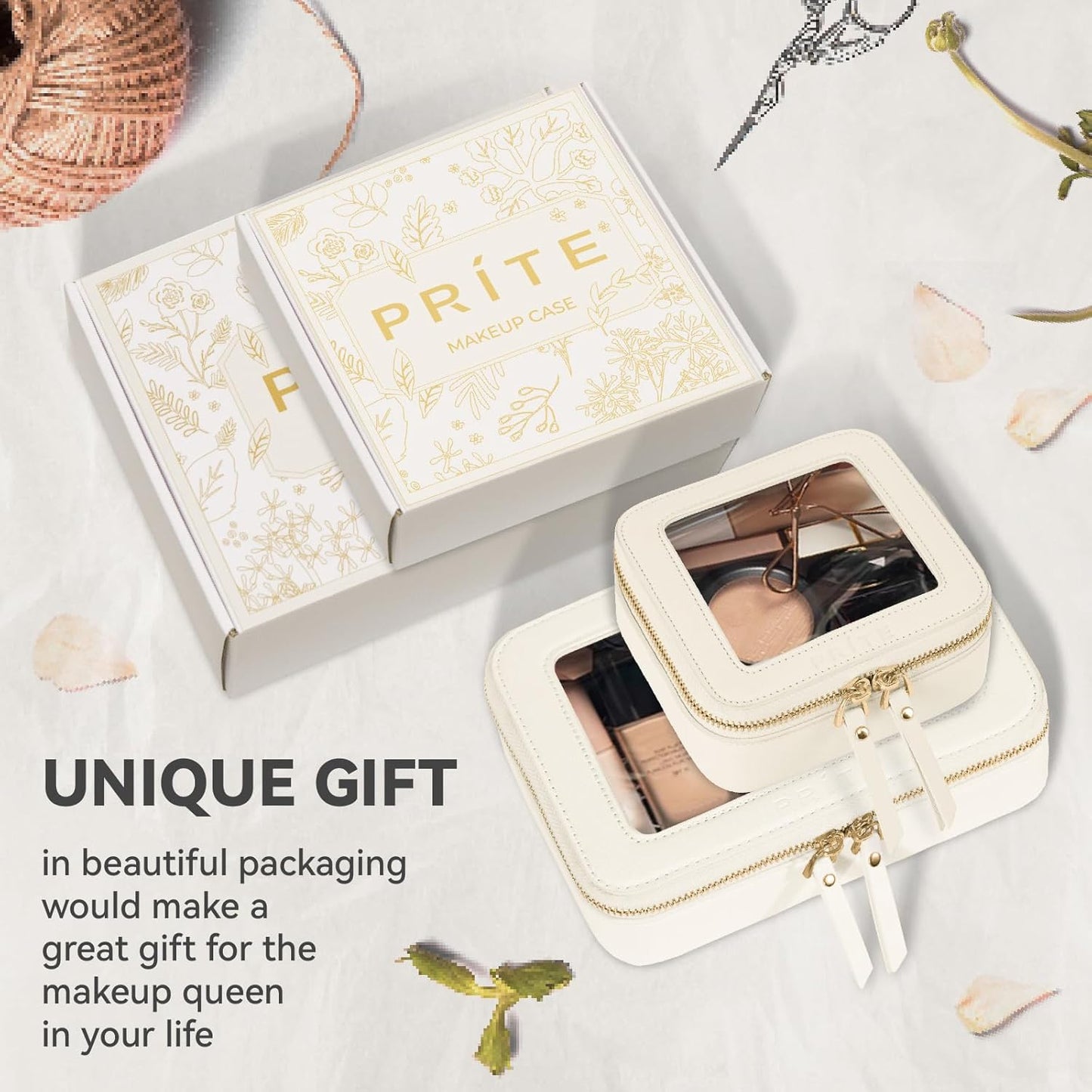 Prite Clear Makeup Bag Set for Women Portable Clear Makeup Bag Cute Waterproof Travel Cosmetic Bag with Gold Zipper for Car Essentials(Beige)