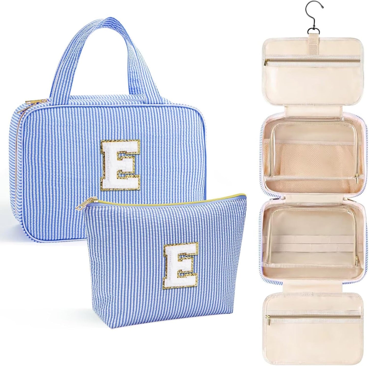 YOOLIFE Teen Girl Gifts Trendy Stuff - Birthday Gifts for 7 8 9 10 11 12 13 14 15 16 17 18 Year Old Teen Girls, Hanging Toiletry Bag Initial Makeup Bag - Letter E, Blue