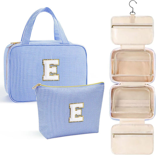 YOOLIFE Teen Girl Gifts Trendy Stuff - Birthday Gifts for 7 8 9 10 11 12 13 14 15 16 17 18 Year Old Teen Girls, Hanging Toiletry Bag Initial Makeup Bag - Letter E, Blue