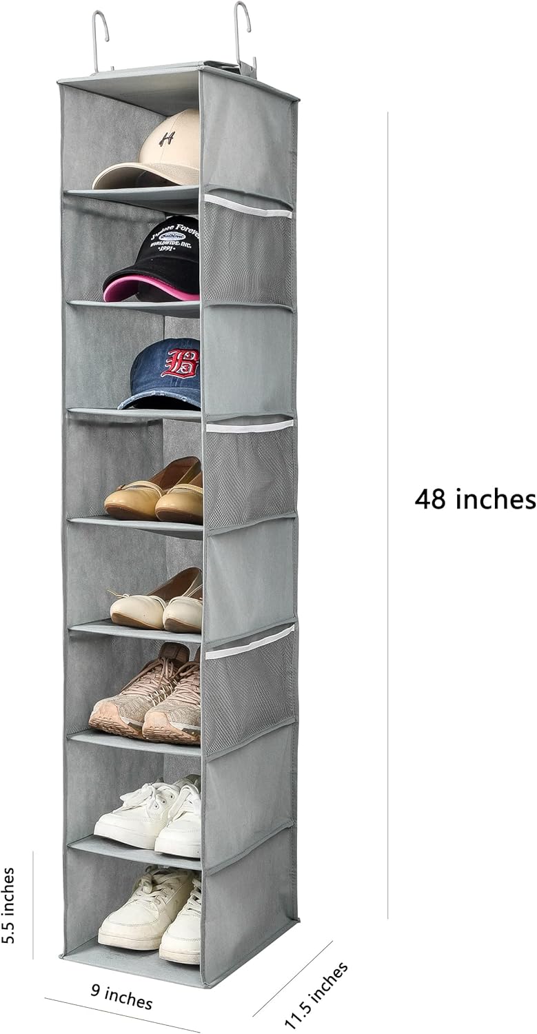 Hanging Shoe Organizer for Closet with Side Mesh Pockets，Hat Racks for Baseball Caps，Shoe and Hat Holder & Storage，8-Shelf，Gray，2 Pack