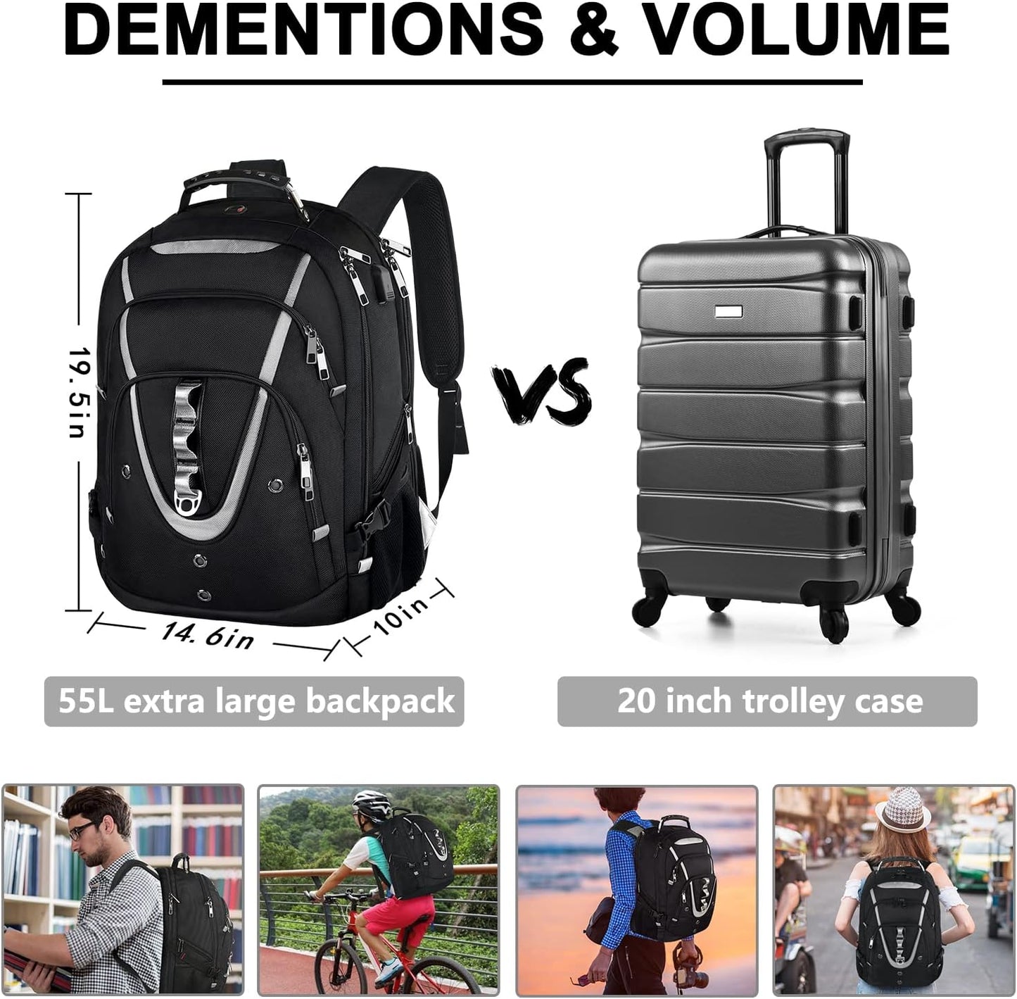 18.4 Laptop Backpack for Men, 55L-60L Extra Large Gaming Laptops Backpack with USB Charger Port, TSA Friendly Flight Approved RFID Anti-theft Pocket, Water Resistant Suiltable for Travel Business Work