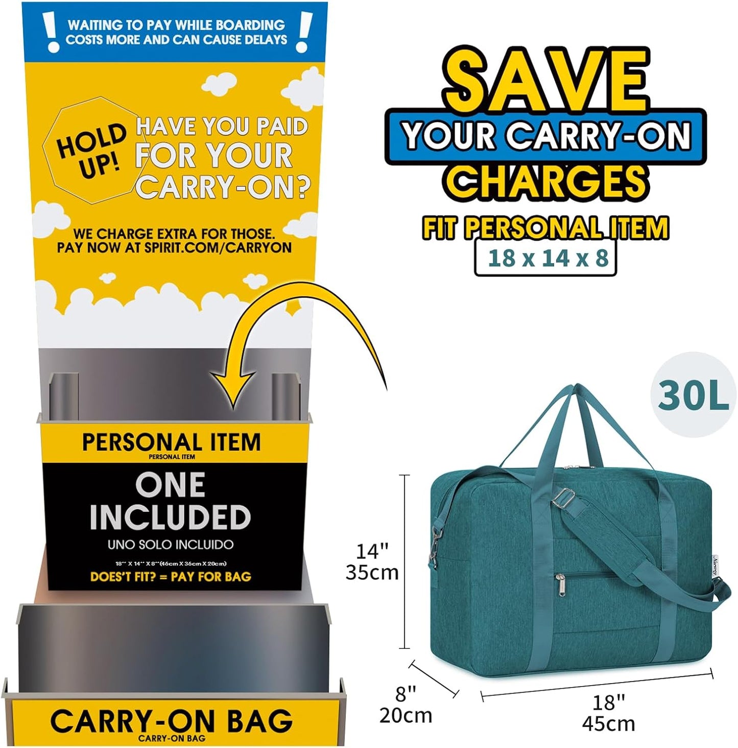 For Spirit Airlines Personal Item Bag 18x14x8 Foldable Travel Duffel Bag Underseat Carry on Luggage Weekender for Women 30L (Teal)