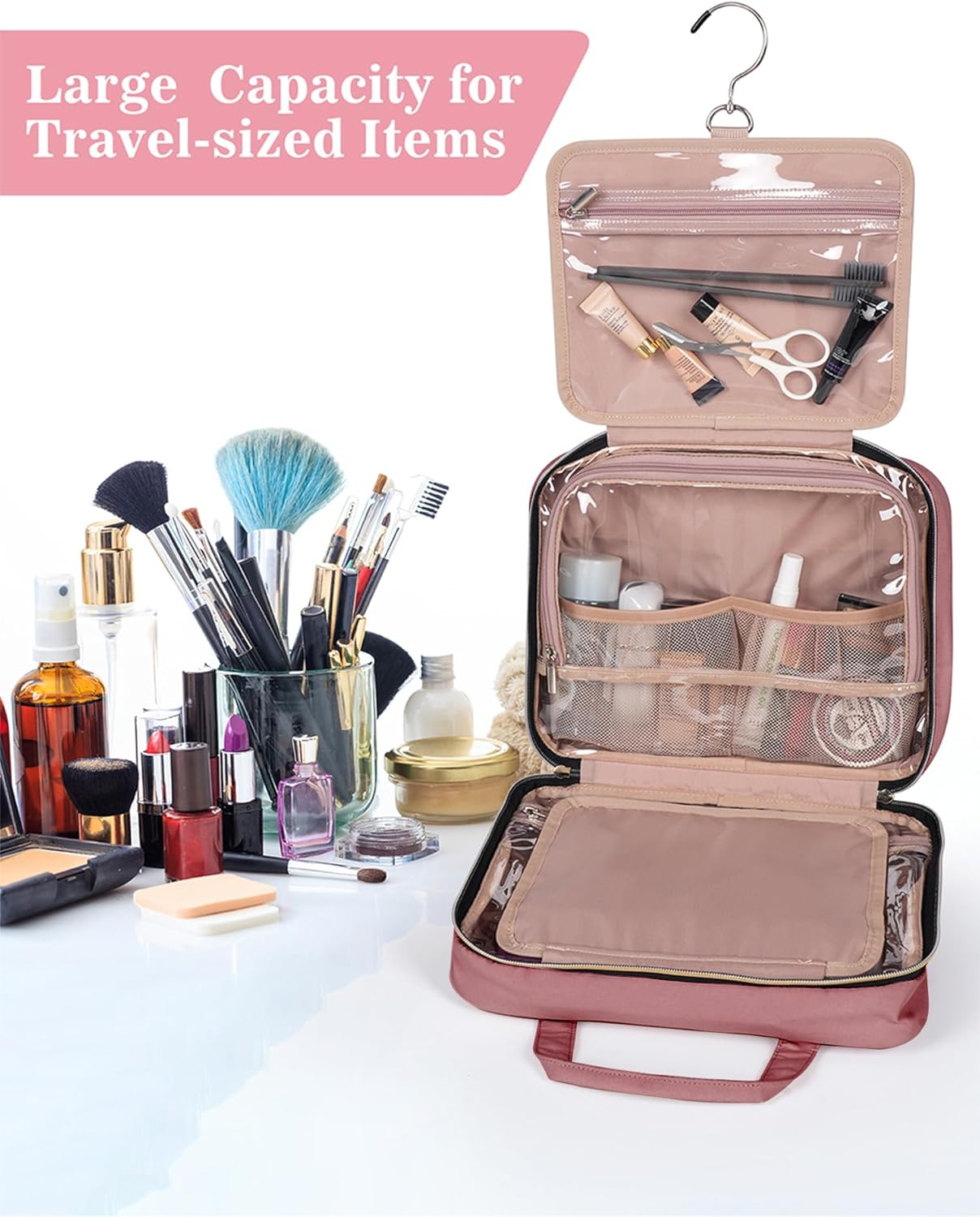 BALHLHG Toiletry Bag for Women With Hanging Hook, Medium Travel Makeup Organizer, Water-resistant Cosmetic Toiletries Bag for Bathroom, Trip, Business, Rosewood-Pink