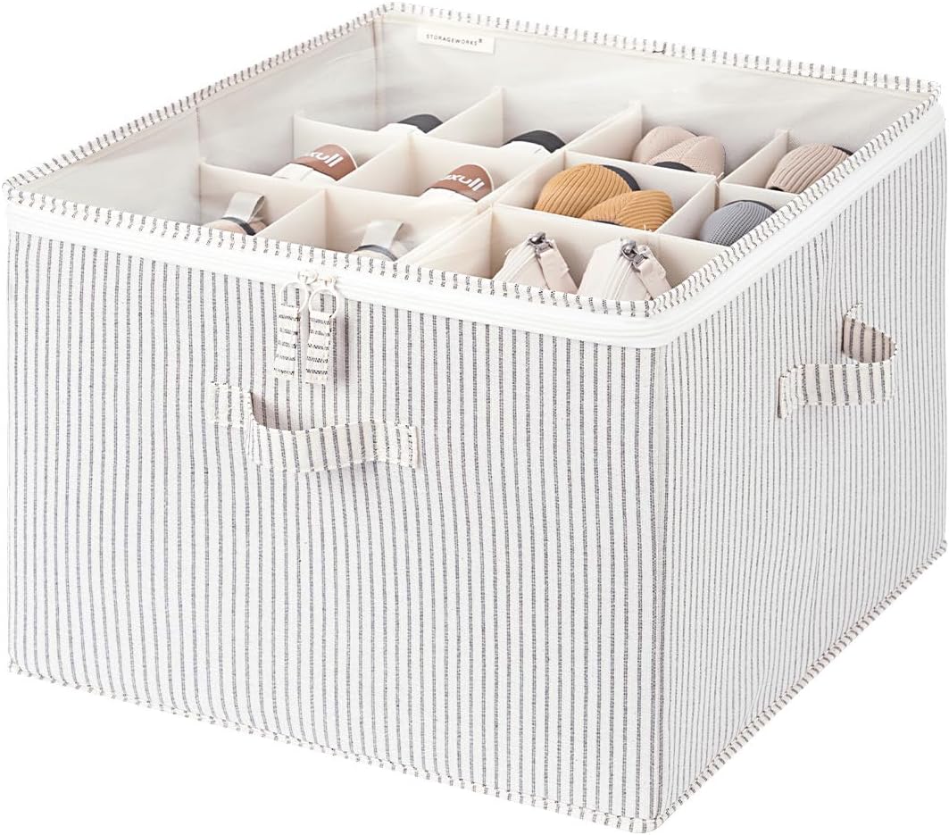 StorageWorks Shoe Organizer for Closet, Fits up to 16 Pairs, Shoe Cubby Storage Containers with Adjustable Dividers and Clear Cover, Gray and White Stripes