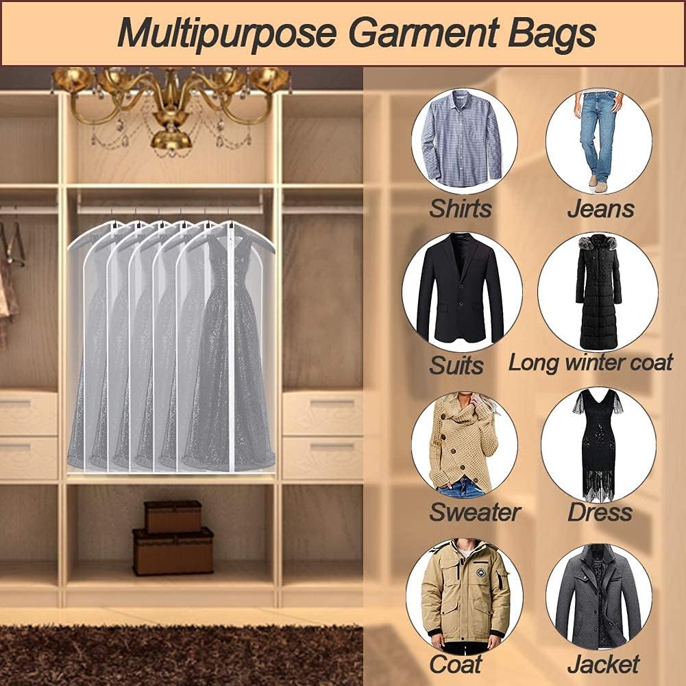 Garment Bags Covers 24''X60'' Dress Bags for Hanging Clothes (Pack of 6) with Study Full Zipper Coat Covers for Closet Clothes Storage Travel