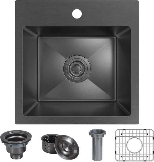 15 x 15 inch Drop in Bar Sink Black, Gunmetal Black Bar Sink 18 Gague Topmount Single Bowl Small Kitchen Sink with Basket Strainer Drain & Bottom Grid