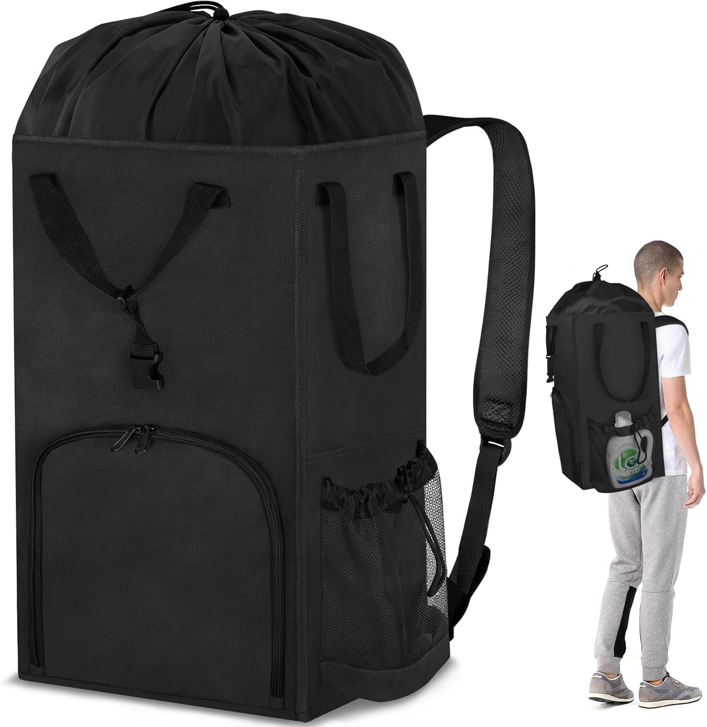 Laundry Bag Backpack Extra Large, 110L Laundry Backpack Heavy Duty with Shoulder Straps, Collapsible and Mesh Pocket Dorm Laundry Basket Hamper Bag for College, Travel, Laundromat, Apartment Black
