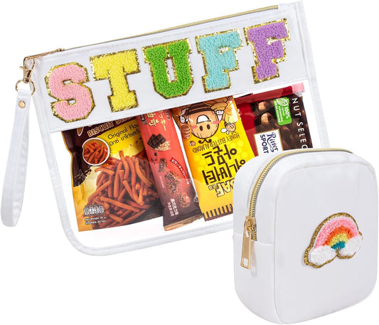 2 Pcs Snack Pouch Chenille Letter Clear Zipper Snack Bag, Nylon Snack Pouch for Travel Clear Makeup Bag Small Cosmetic Bag for Purse Snack Bags for School Waterproof Toiletry Bag