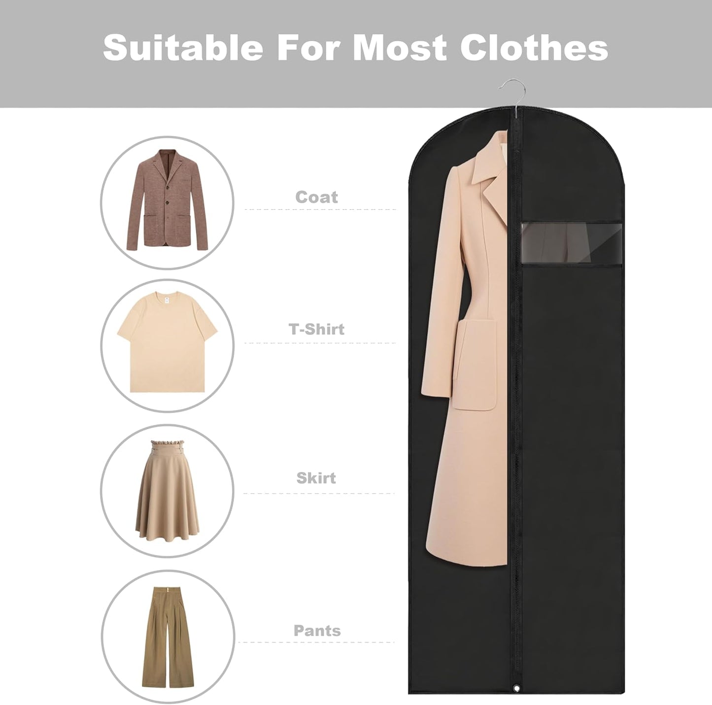 Dress Bags for Gowns Long, 65'' Garment Bags for Hanging Clothes, Suit Bag Cover for Storage and Travel (Black)