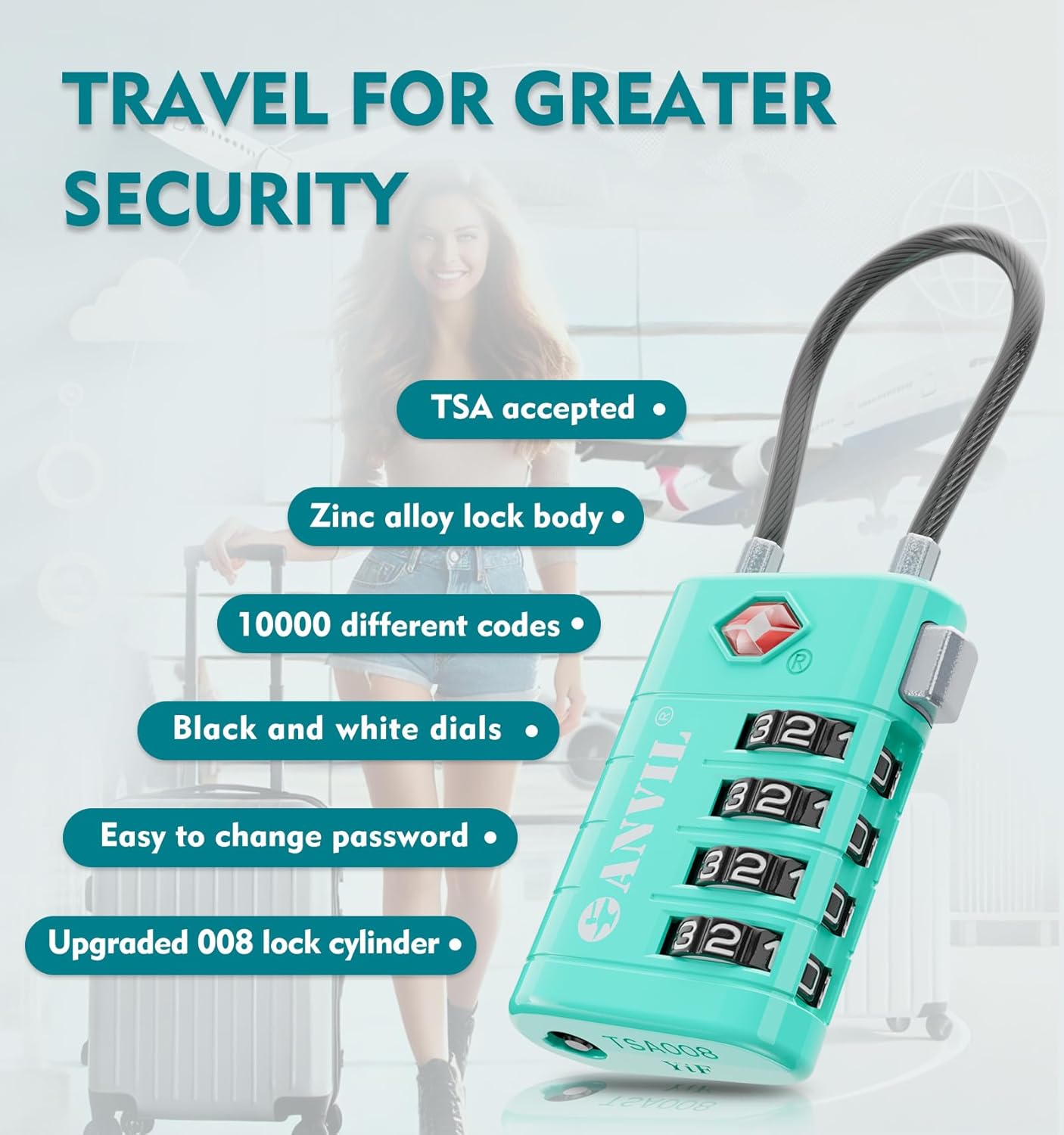 ANVIL 4 Digit Luggage Locks, TSA Locks for Luggage, Advanced TSA008 core, Alert Indicator for Your Travel Lock, Suitcase Lock.(3, Cyan)