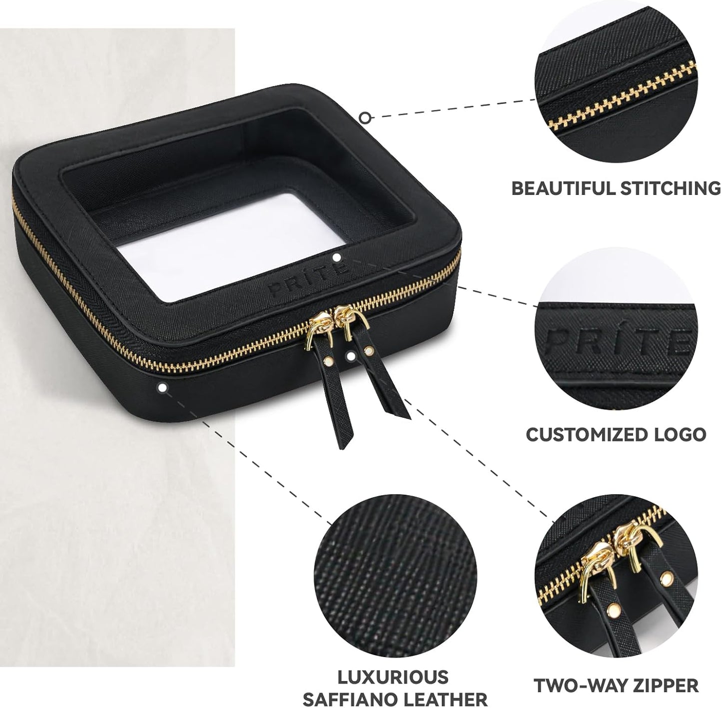Prite Clear Makeup Bag Set for Women Portable Clear Makeup Bag Cute Waterproof Travel Cosmetic Bag with Gold Zipper for Car Essentials(Black)