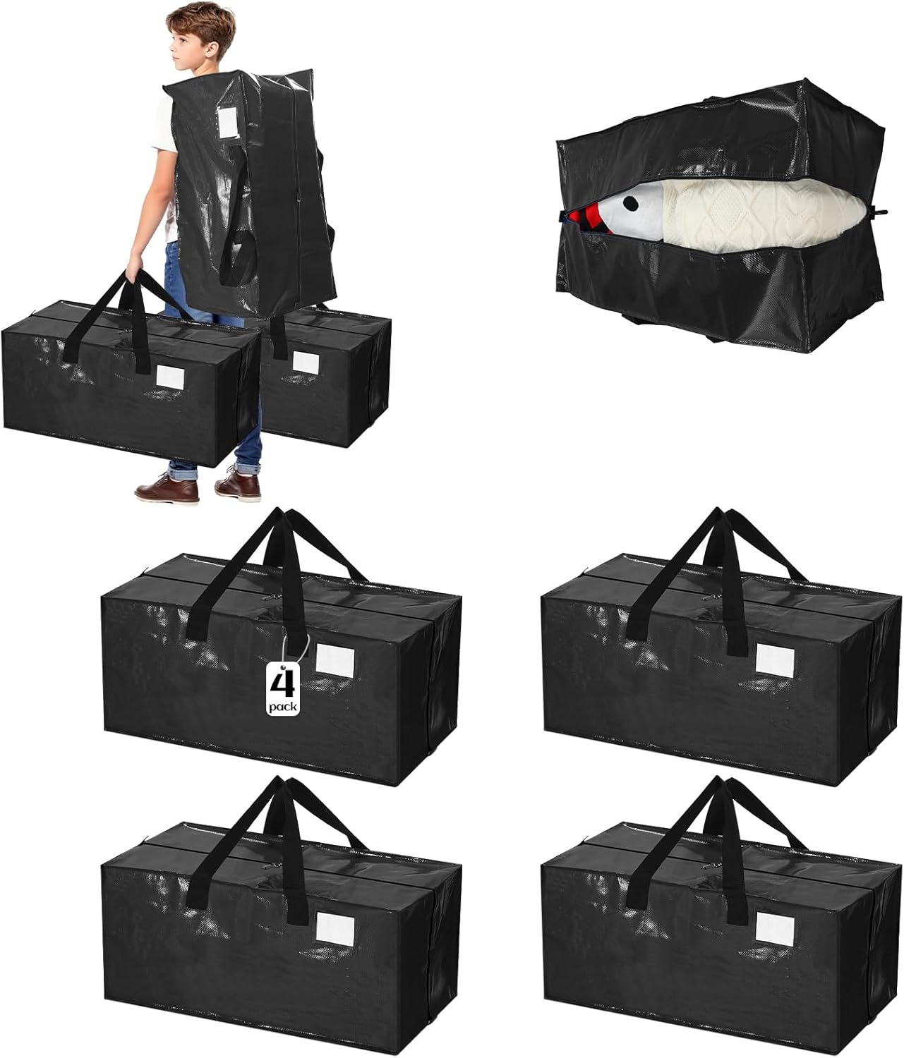 4 Pcs 24 Gallon Large Moving Bags with Zipper and Handles Foldable Storage Duffle Bags Heavy Duty Extra Large Totes for College Dorm Travel Clothes Blankets Bedding Moving (Black)