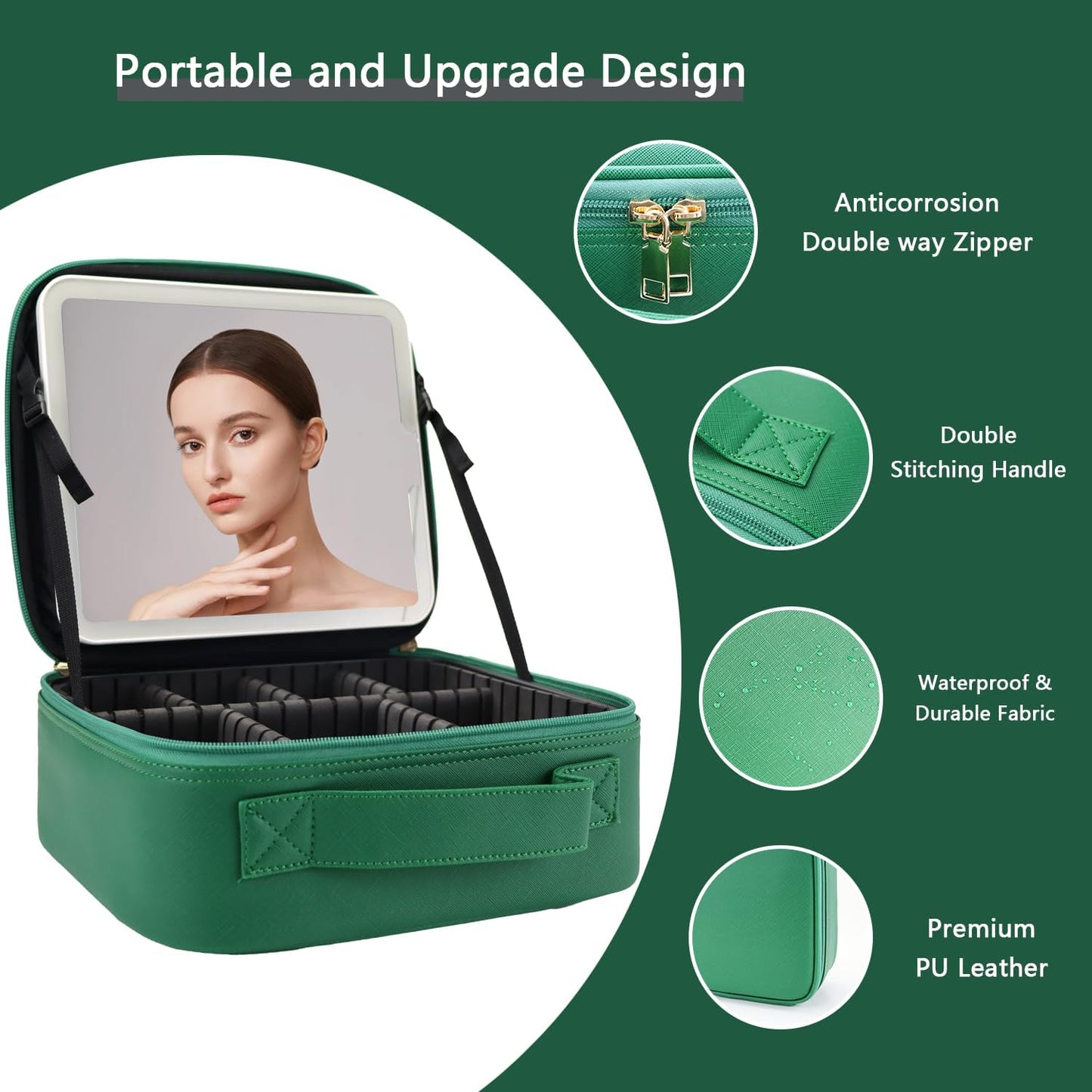 Makeup Bag with Led Mirror,Travel Makeup Organizer with 3 Color Setting & 10X Magnifying Mirror, Portable Storage and Adjustable Dividers Travel Makeup Bag-Dark green