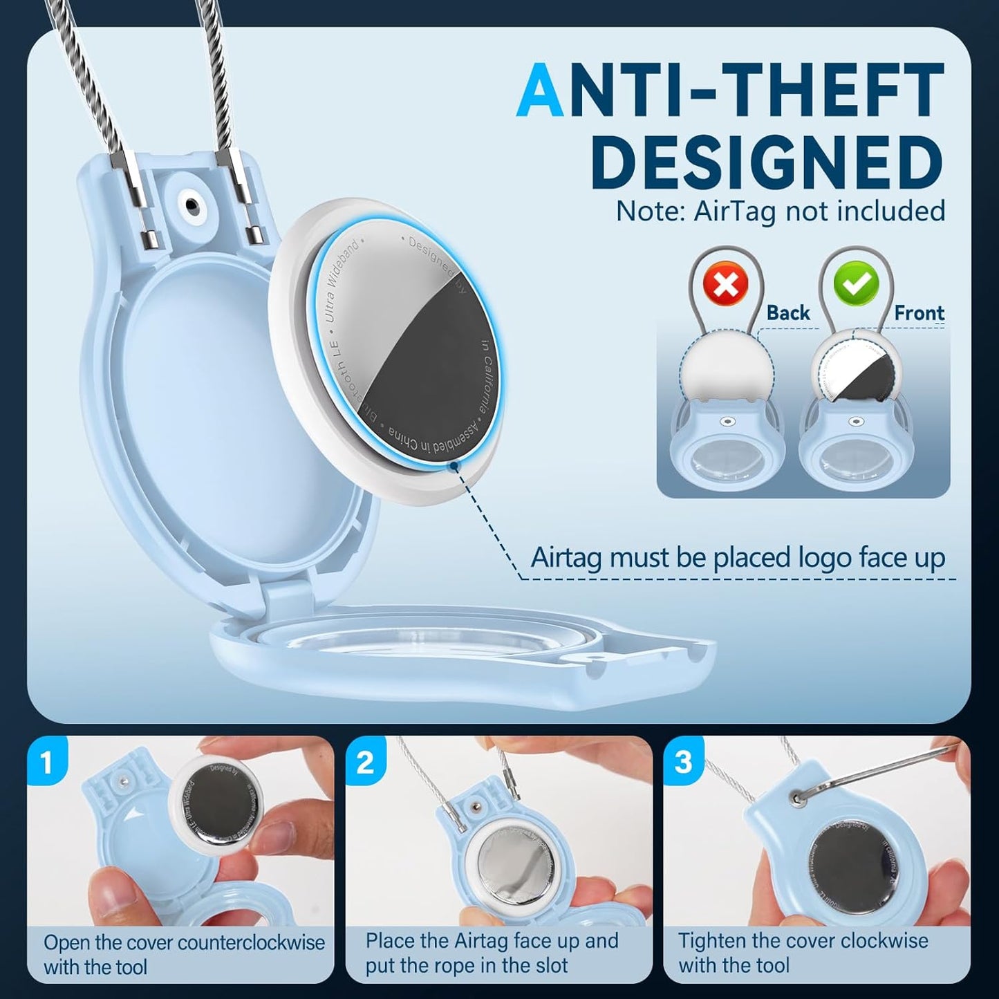 Waterproof Airtag Holder,Airtag Case with Secure Lock,Airtags Keychain for Apple Airtag,Anti-Lost Protective Cover Air tag Accessories for GPS Item Finder Tracker Luggage,Bag,Key,Pet,Cat Dog,Sky Blue