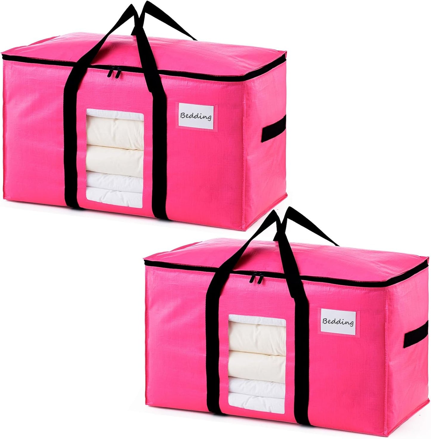 TAILI 2 Pack Pink Extra Large Moving Bags, Heavy Duty Totes with Visible Window, Wrap Around Handles, Space-Saving Storage, Alternative to Moving Boxes