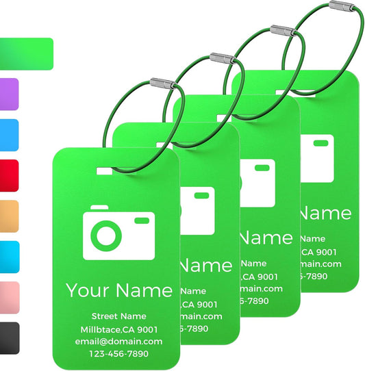 Personalized Luggage Tags, Custom Luggage Tags 4 Pack TSA Approved Double Sided Laser Engraving, Metal Luggage Tag for Suitcases with Stainless Loops, Name Tag for Bags, Backpacks (Green)