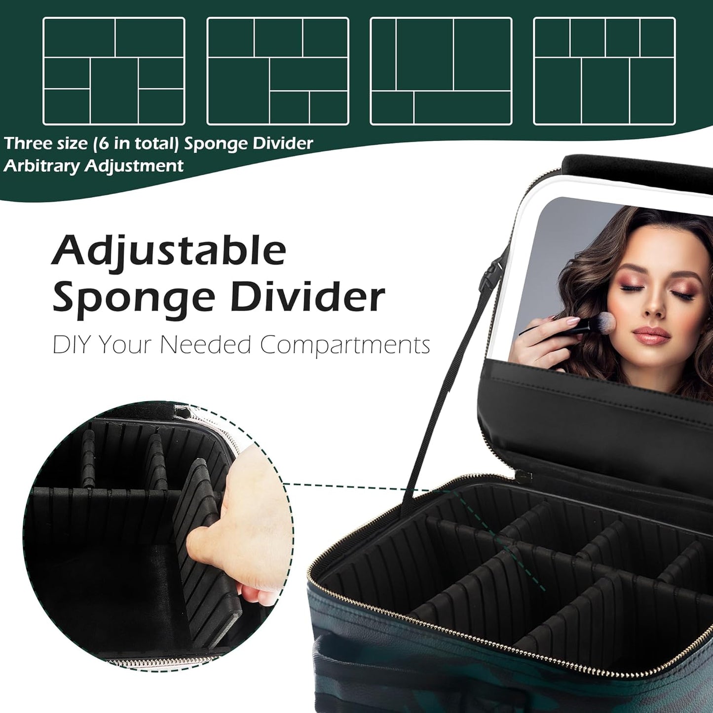 MOMIRA Travel Makeup Bag Cosmetic Bag with Lighted Mirror, Adjustable Brightness in 3 Color Scenarios, Waterproof, 10x Magnifying Mirror, Rotatable Independent Light Mirror- Zebra Green