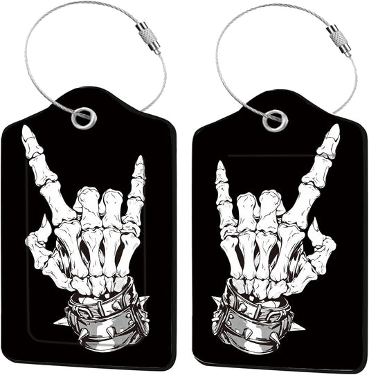 2 Pcs Skull Luggage Tags for Suitcases, Black Leather Luggage Tags, Privacy Cover ID Label with Stainless Steel Loop & Address Card, Funny Skull Travel Bag Tag Luggages Accessories for Suitcases
