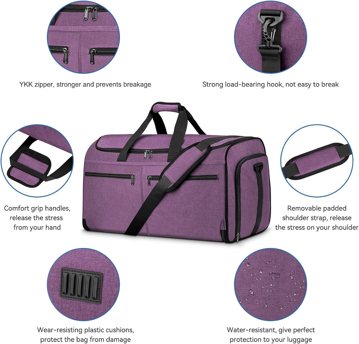 Large Garment Bag for Travel, Bukere Convertible Suit Travel Garment Duffel Bag for Women Business, Shoe Compartment, Detachable Shoulder Strap, 2 in 1 Hanging Suitcase Suit Travel Bags, Purple