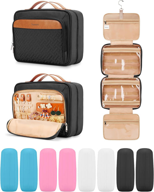 Travel Hanging Toiletry Bag for Women, Cruise Ship Essentials, with Jewelry Organizer, Medium Makeup Dopp Kit, Waterproof Cosmetic Bags, Toiletries Kit Set Accessories with Trolley Belt, Black