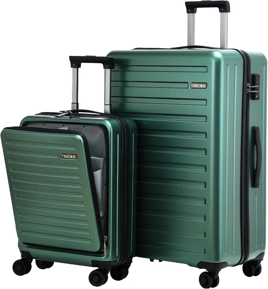 TydeCkare 2pcs 20/28" Luggage Set Lightweight HardShell, Only 20 Inch Carry On 21.65 * 15.35 * 7.87" Cabin Suitcase with Front Pocket, 28 Inch 19.68 * 11.81 * 29.92" Checked Luggage, Green