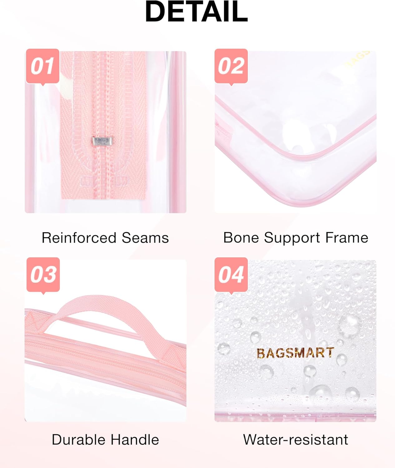 BAGSMART Clear Toiletry Bag, TSA Approved Travel Toiletry Bag Carry On Travel Accessories Bag Airport Airline Quart Size Bags water-resistant Makeup Bag for Women