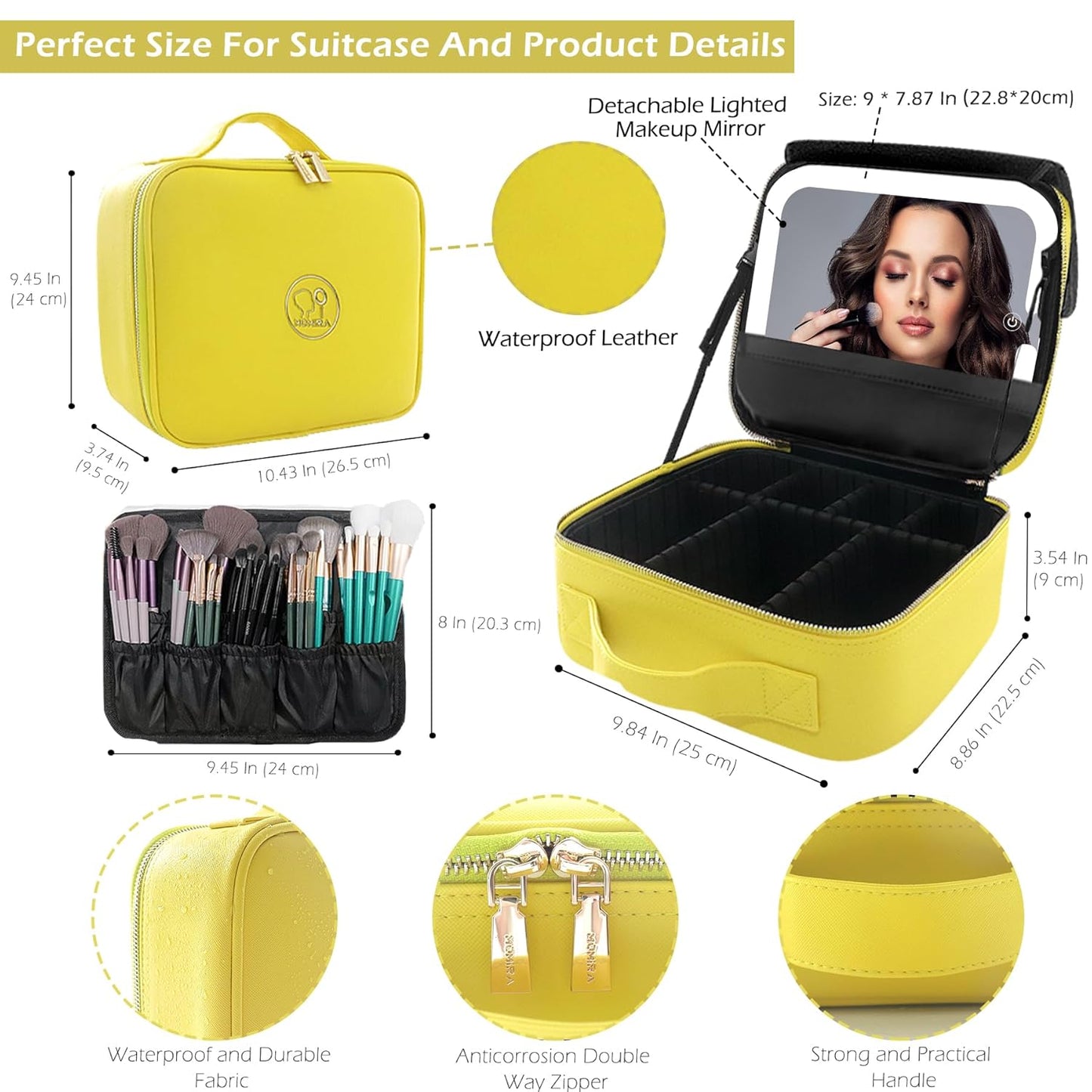 MOMIRA Travel Makeup Bag Cosmetic Bag Makeup Organizer Bag with Large Lighted Mirror 3 Color Scenarios Adjustable Brightness,Yellow