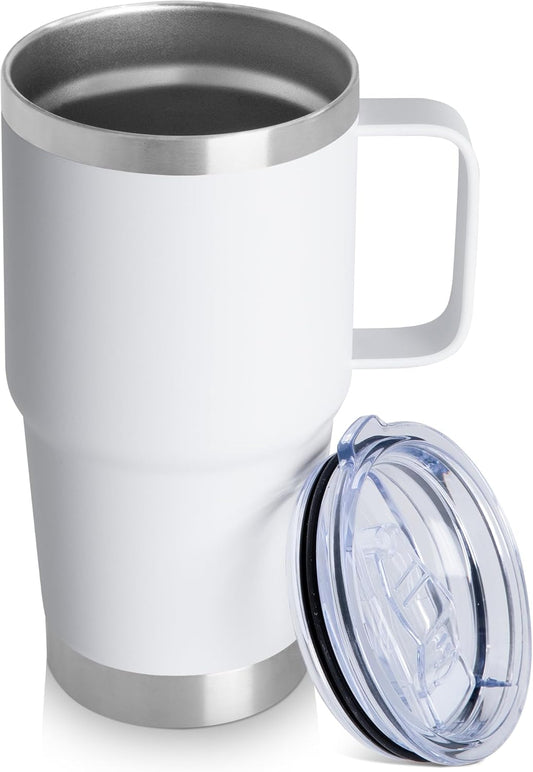 20oz Tumbler with Handle & Lid, Insulated Stainless Steel Travel Mug, Leakproof Cup for Coffee & Tea, BPA-Free Double-Wall Vacuum Tumblers for Hot/Cold Drinks, Commuter, Gym, Office, White 1 Pack