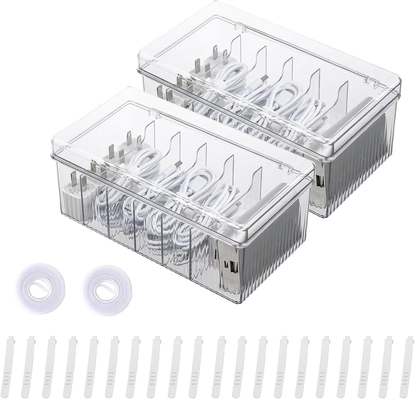 Yesesion Large Cord Organizer Box with Lid and 6 Compartments, 2 Pack Plastic Cable Storage Boxes with Wire Ties, Clear Desk Drawer Organizer for Phone Charger, Battery, Home Office Supplies