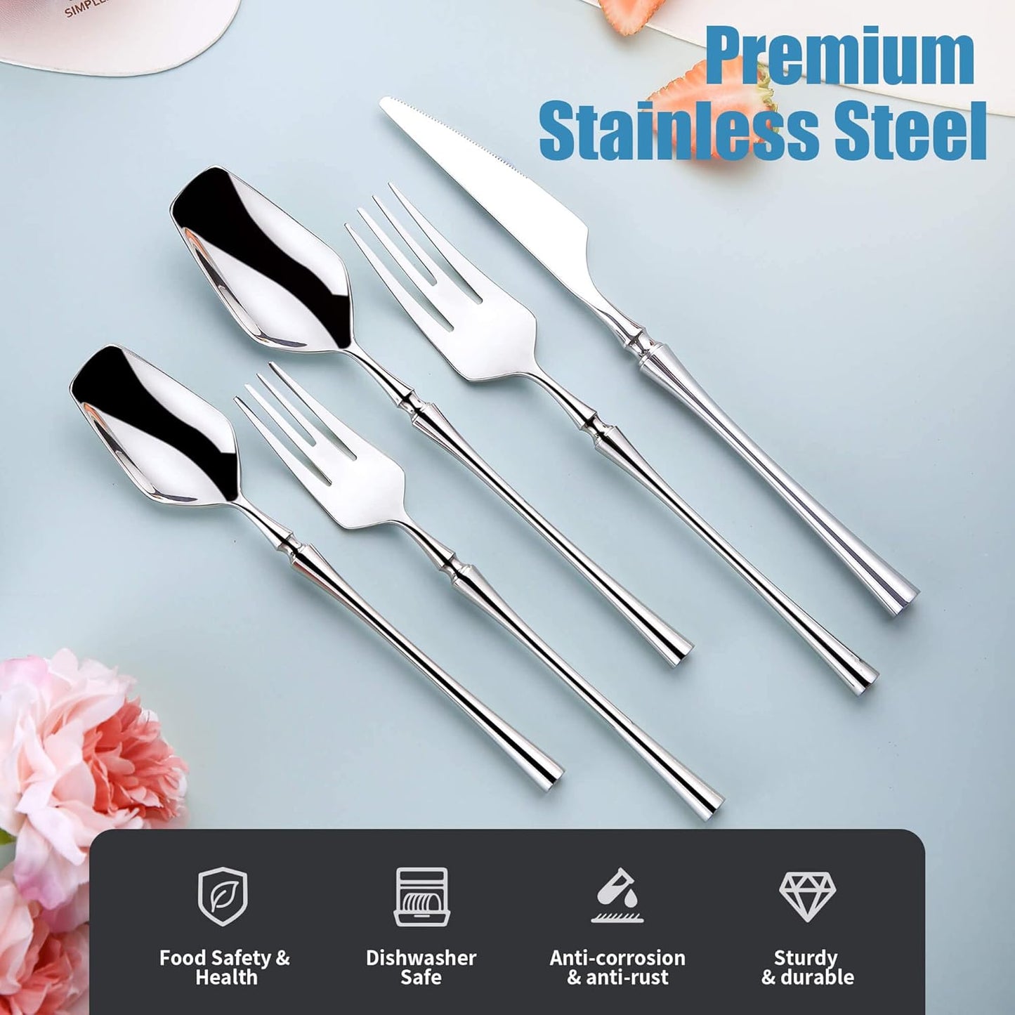 20-Piece Silverware Set for 4,Modern 18/10 Stainless Steel Flatware Set,Unique Rustic Cutlery Utensils Set,Spoon and Fork Set for Home, Restaurant,Wedding,Mirror Polished,Dishwasher Safe