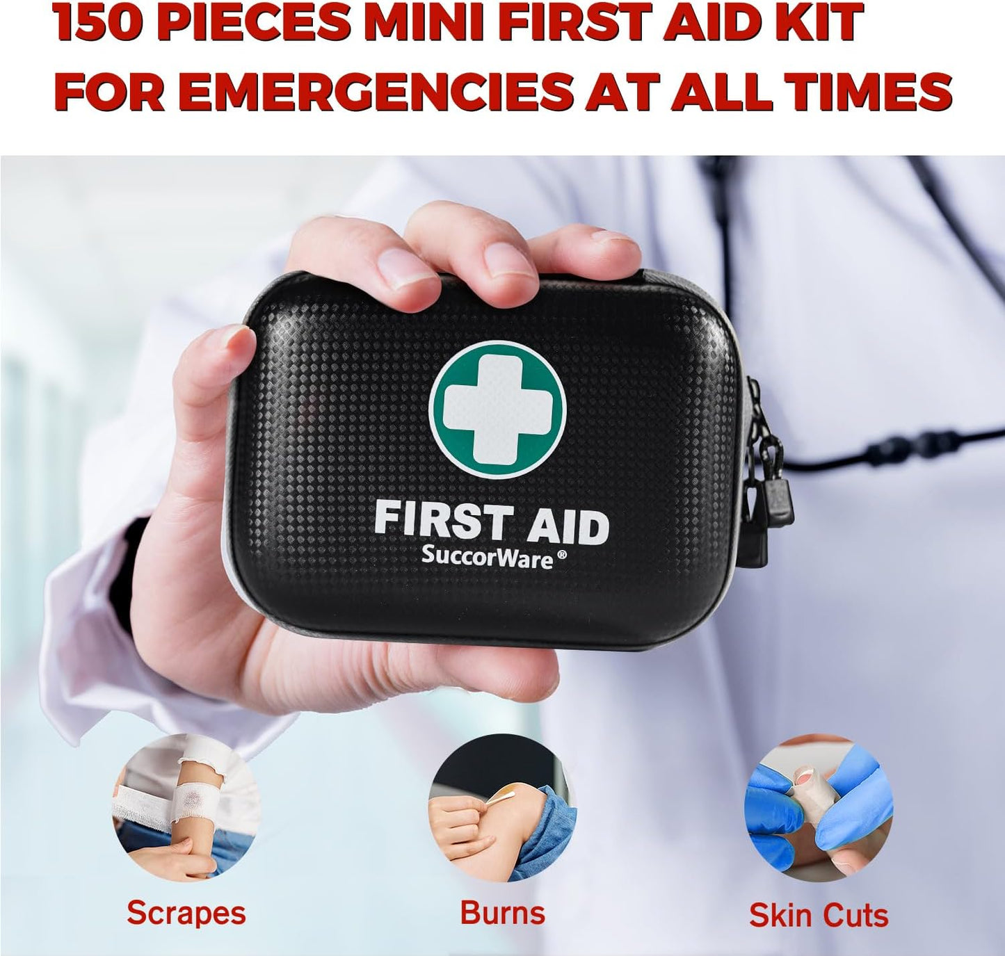 150 Pieces Mini First Aid Kit - Small Medical Kit with Hard Shell - Emergency First Aid Kit for Car, Travel, Home, Outdoor, Office, Camping, Hiking (Black)