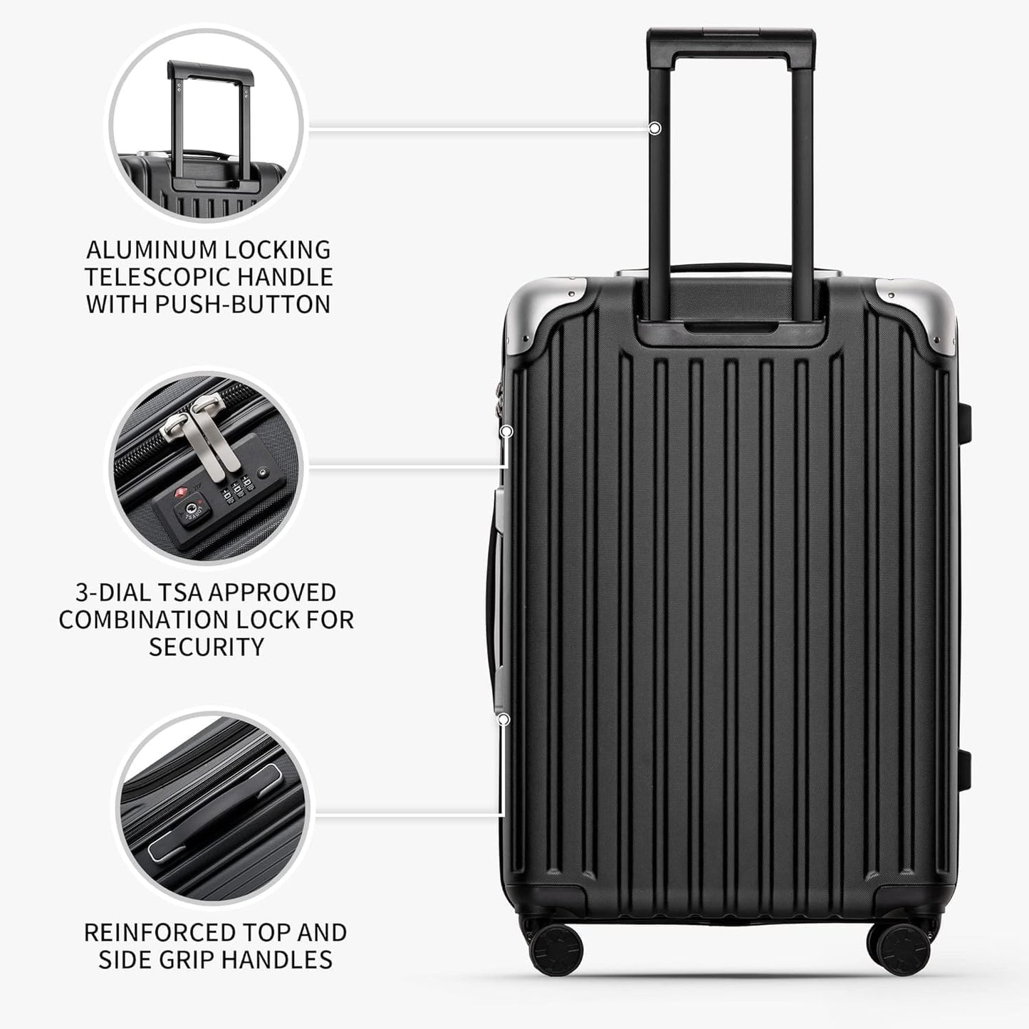 LEVEL8 Grace Luggage Sets Hardshell Suitcase with Wheels, Sturdy Large Suitcase Tsa Lock 20 Inch Expandable Carry on 24 Inch 28 Inch Checked Luggage, 3-Piece Set (20/24/28), Black