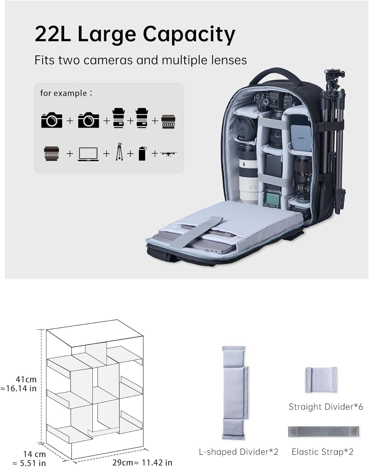 llano 22L Large Hardshell Camera Backpack Case, Camera Bags for Photographers Compatible with DSLR and Mirrorless Cameras,for Sony Canon Nikon Fujifilm with Laptop Compartment,Travel and Outdoor
