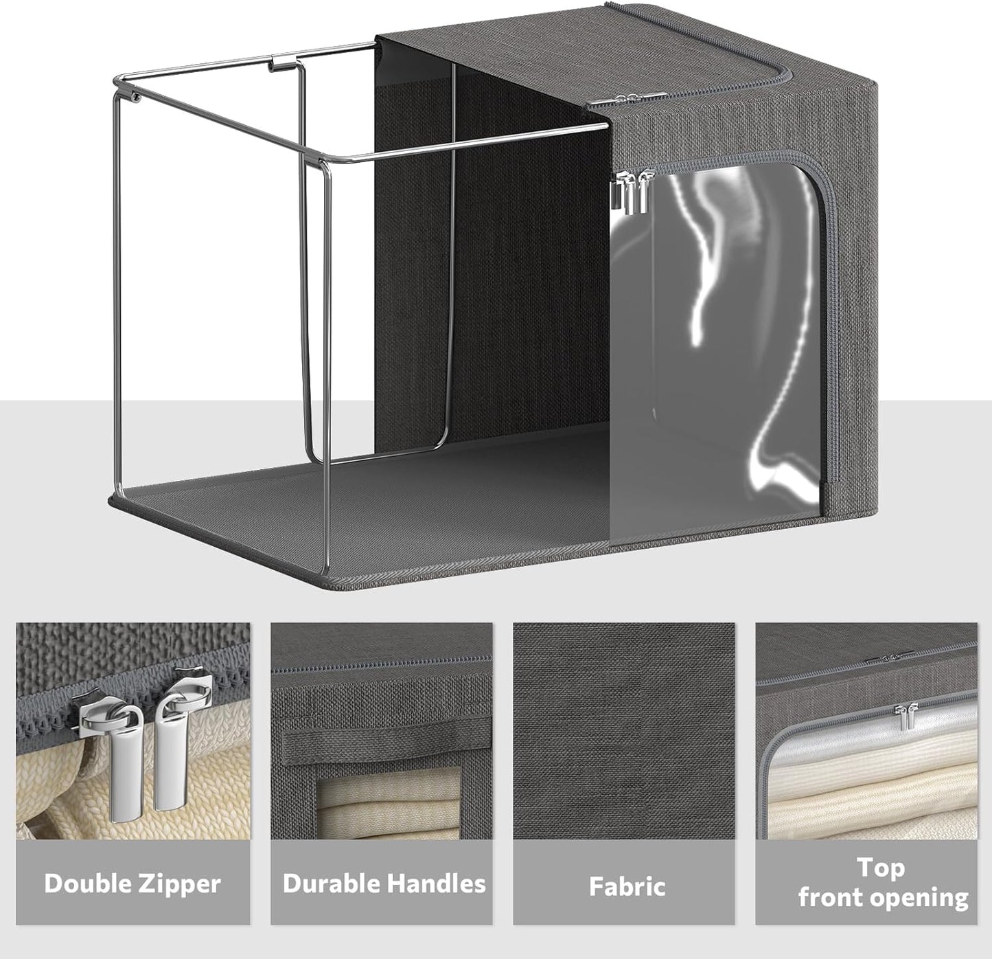 CYhom 4 Pack Clothes Storage Bins with Metal Frame - Linen Fabric Foldable Stackable Container Organizer Set with Clear Window & Carry Handles & Zippers (Dark Gray, 19.7"x15.7"x13")