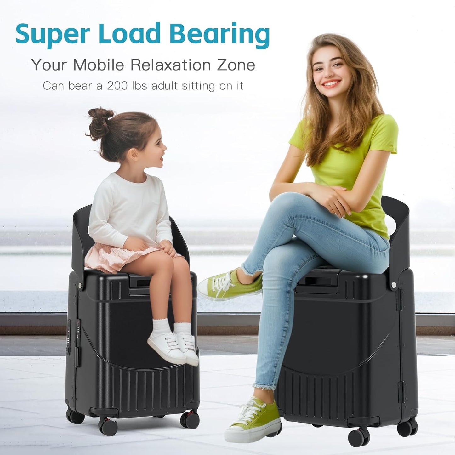 22" Ride On Luggage with Seat for Kids & Adults, Lightweight Hardside Ride-On Suitcase with Front Opening, TSA Lock, 360° Spinner Wheels, Black